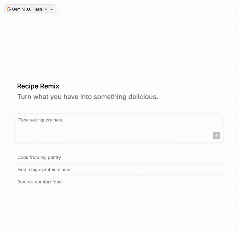 Recipe Remix calling the pantry tool and rendering three interactive recipe cards