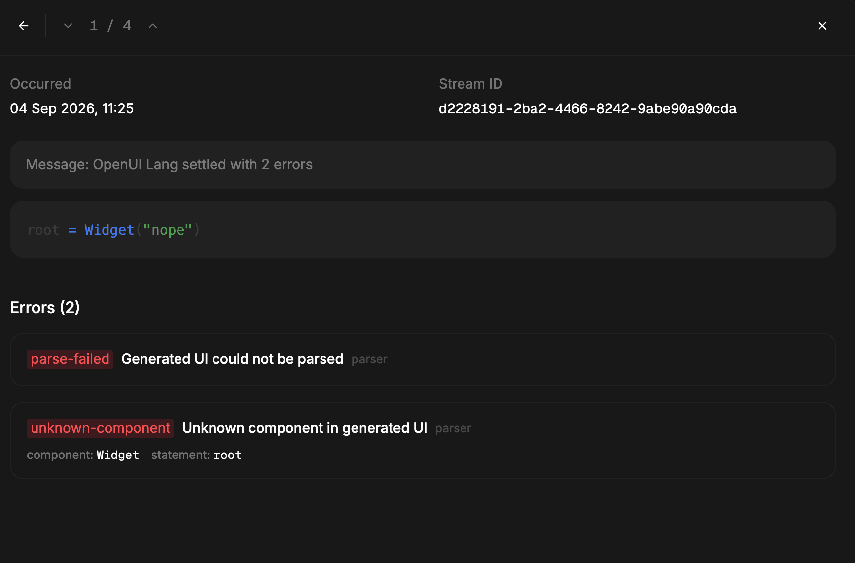 Error occurrence sidebar showing its timestamp, stream ID, generated output, and individual errors