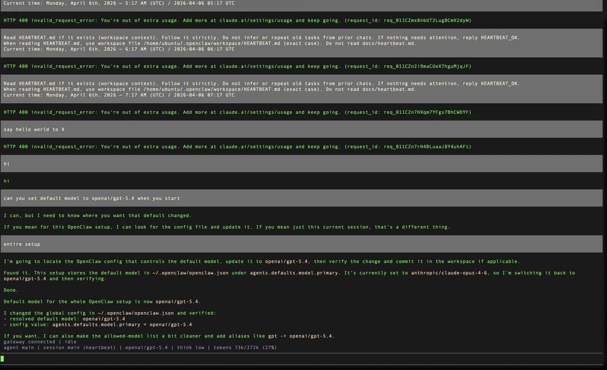 Text-only agent chat: terminal-style interface configuring a default model