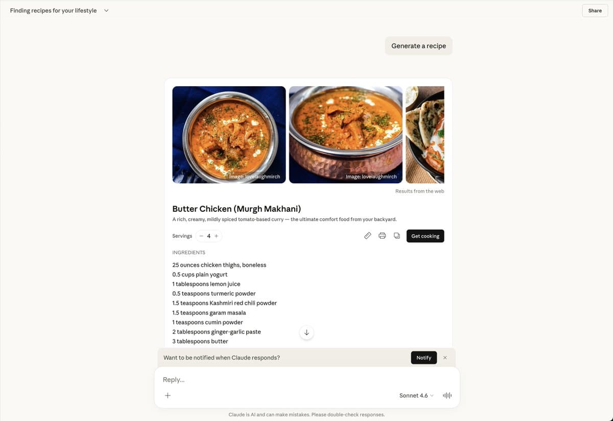 Inline generative UI in chat: structured recipe card with images and controls